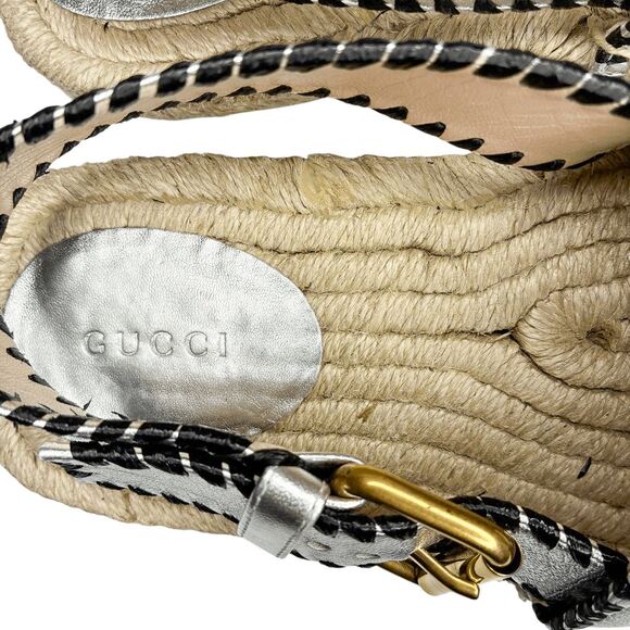 Gucci Pilar GG Espadrille Sandals EU 37 US 7 Metallic Silver Slingback Logo - Picture 13 of 14